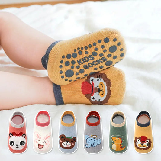 🧦 Cute Cartoon Animal Non-Slip Cotton Socks for Kids – 6 Pairs